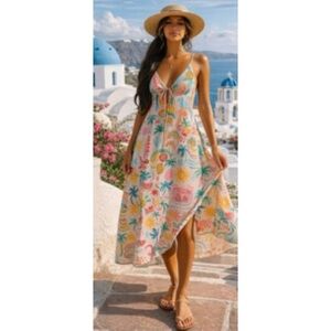 Paper Heart Linen Blend Tropical Open Tie Back Resort  Coquette Maxi Dress S
